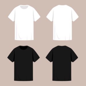 Blank black and white t shirts with short sleeves templates. Front and back view. Vector illustration